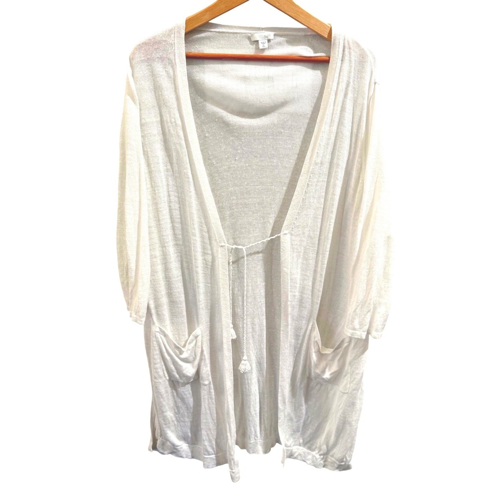 J Jill White Linen Blend Sheer Cardigan XL Tall Open Front Tie Waist Layering